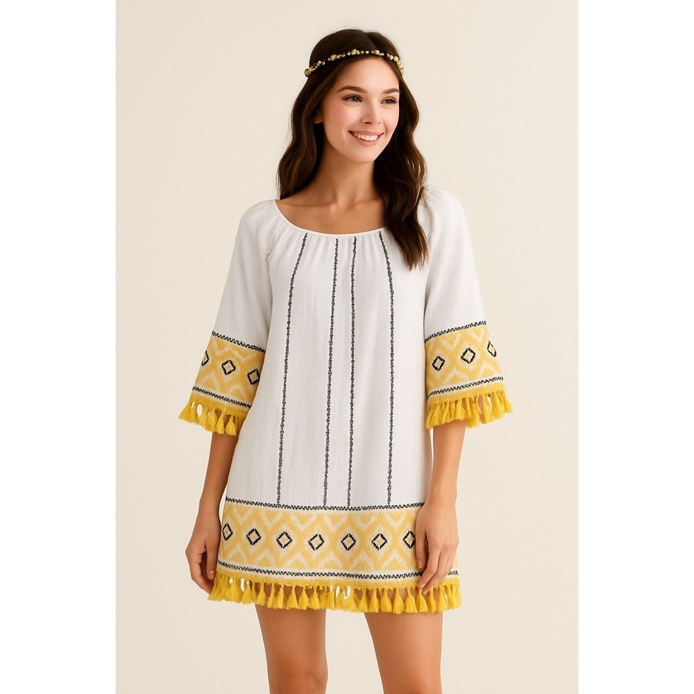 :
Velzera Boho Embroidered Tassel Hem‎ Peasant Dress White Yellow Cotton  XL